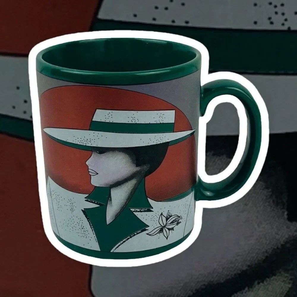 Vintage 80s KGG Handarbeit Green Mug Woman Germany Nagel Car Duesenberg Art Deco